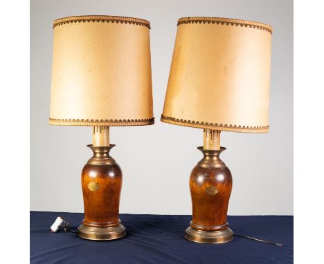 PAIR OF MODERN HEAVY TURNED WOOD TABLE LAMPS, with gilt metal collars and bases, and parchment shades, 32? (81.3cm) high, (2)