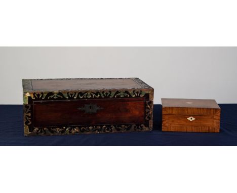 EARLY NINETEENTH CENTURY ROSEWOOD AND BRASS INLAID LARGE PORTABLE WRITING SLOPE, of typical form, the interior with purple pl