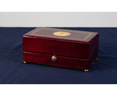 RAPPORT, LONDON, QUARTZ DESK CLOCK AND THERMOMETER in marquetry inlaid mahogany box case, with brass push button catch and br
