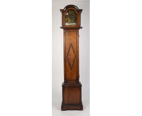 TWENTIETH CENTURY OAK GRANDMOTHER LONGCASE CLOCK, the 8? brass Roman dial with mask spandrels and ?Tempus Fugit? inscribed ci