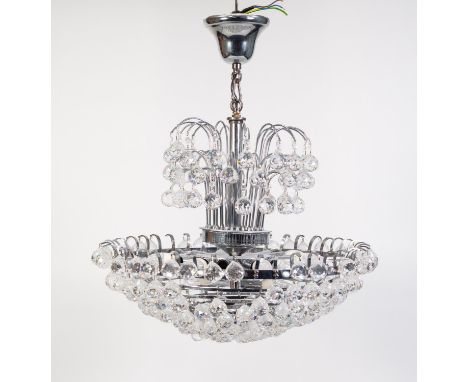 MODERN CHROME PLATED SIXTEEN LIGHT ELECTROLIER, the bag type base comprising of numerous prism cut orbicular glass drops susp