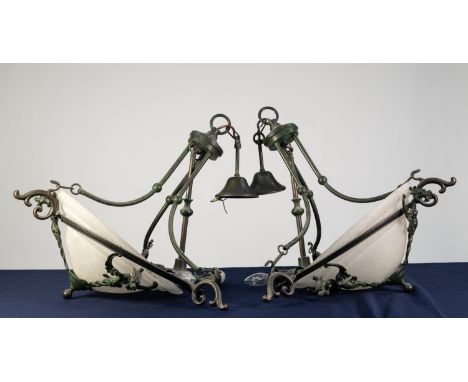 PAIR OF EARLY 20th CENTURY GREEN PATINATED METAL CEILING LIGHTS, the inverted mushroom pattern frosted glass shade in a circu