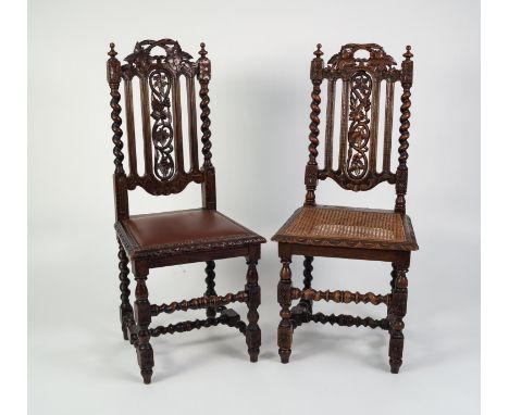 NEAR PAIR OF EARLY TWENTIETH CENTURY CAROLEAN STYLE CARVED OAK SINGLE DINING CHAIRS, each with vine carved backs and barley t