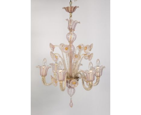 TWENTIETH CENTURY MURANO LATTICINO SIX LIGHT ELECTROLIER, in white gauze and twisted pink ribbon, heightened in gilt and comp