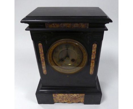 VICTORIAN BLACK SLATE MANTLE CLOCK, the 4? Arabic dial powered by an eight day drum shaped movement, striking on a bell and h