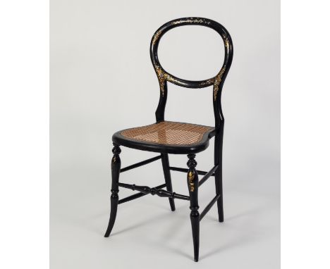 VICTORIAN BLACK LACQUERED, GILT PAINTED AND MOTHER OF PEARL INLAID BEDROOM CHAIR, the open waisted back above a bow fronted c