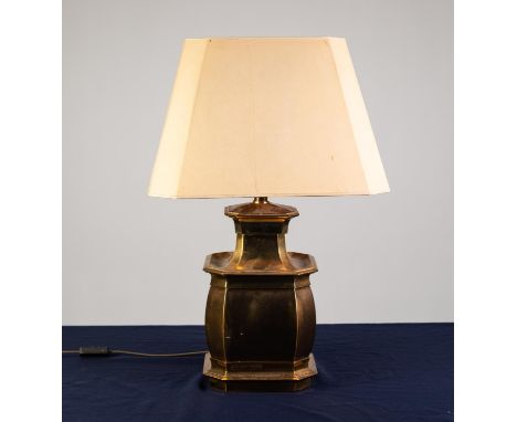 MODERN GILT METAL ELECTRIC TABLE LAMP, of square, canted form with cream fabric shade, 25? (63.5m) high C/R- light scratching