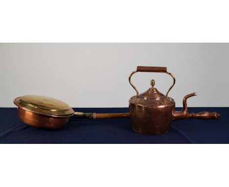ANTIQUE SEAMED COPPER KETTLE, with acorn knop to the cover, 12? (30.5cm) high, together with an ANTIQUE COPPER AND BRASS BED 