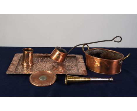 ARTS AND CRAFTS PLANISHED COPPER OBLONG SHALLOW TRAY, 16? x 12? (40.6cm x 30.5cm), together with a SMALL HUNTING HORN, 9? (22