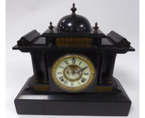 VICTORIAN BLACK SLATE MANTLE CLOCK, the 4 ½? two part Roman dial with visible brocot escapement to the centre, powered by an 