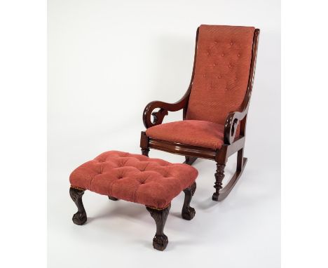 VICTORIAN MAHOGANY ROCKING CHAIR, the moulded show wood frame with buttoned, padded back and serpentine fronted seat, enclose