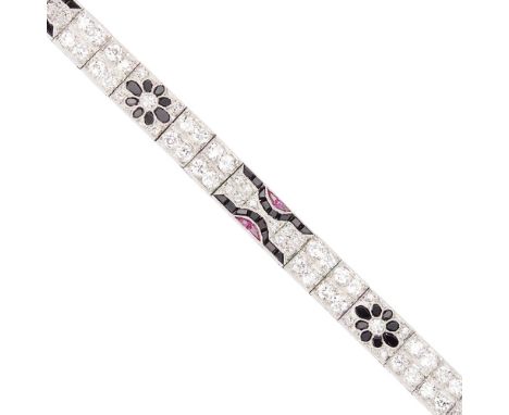 A 1920s Art Deco diamond and gem-set braceletcomposed of articulated links, set throughout with old round and eight-cut diamo