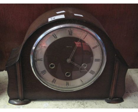 Smiths oak arch top mantel clock, three train movement.