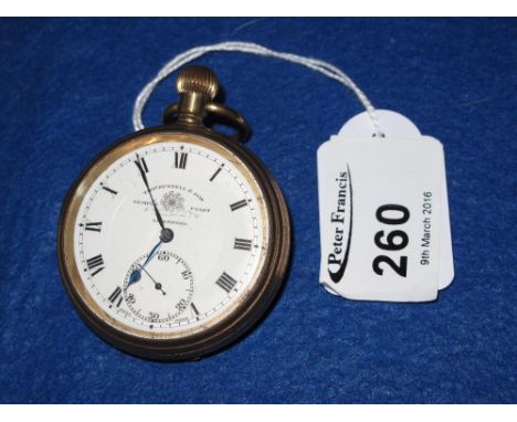 A Thomas Russell and Sons gold plated, open faced, keyless pocket watch. CONDITION REPORT: Good overall, light wear in places