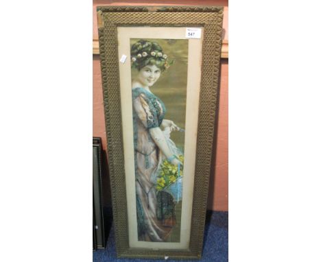 Portrait study of a young girl with basket of flowers, coloured print.  Framed.