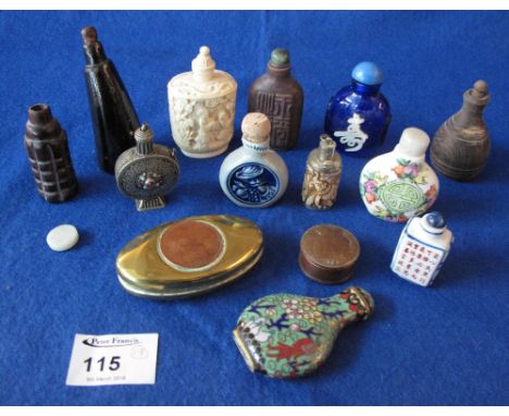 Collection of Oriental snuff bottles and other small items including: brass penny inset miner's tobacco box; another penny bo