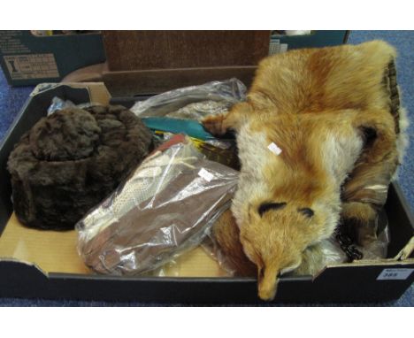 Vintage fox stole together with a fur hat, ladies gloves, feathers etc. 