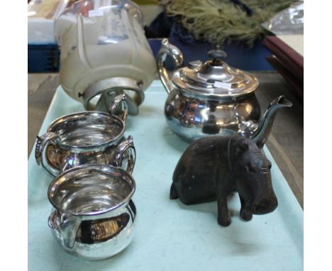 Silver plated three piece tea set together with a carved seated hippopotamus and a glass ceiling light (5).