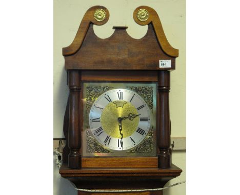 Reproduction mahogany long case clock marked: Harcourt, Tenby with brass and silvered face (with weights and pendulum).