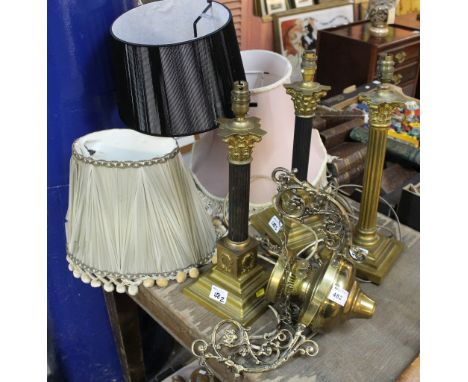 Pair of brass corinthian column table lamps together with another similar table lamp with shades etc. (8)