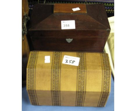 19th Century mahogany sarcophagus shaped tea caddy and a small wooden jewellery casket. (2)