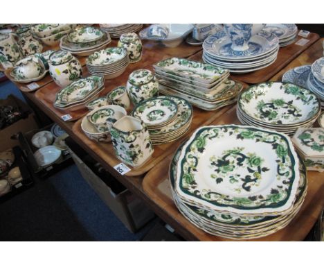 Five trays of masons ironstone 'chartreuse' items to include various ginger jars and covers, pouch shaped dresser jugs, bowls