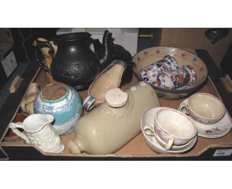 Tray of assorted china to include pair of Imari design cylinder vases, 19th Century cups and saucers, stoneware hot water bot