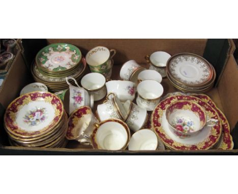 Tray of assorted china part teaware items to include Paragon, Cauldon etc. Comprising mainly cups, saucers and plates. 