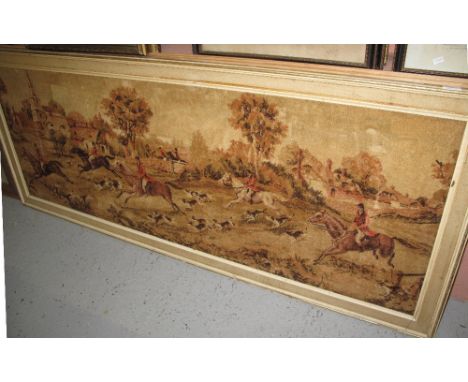 Large framed tapestry type panel depicting fox hunting scene.