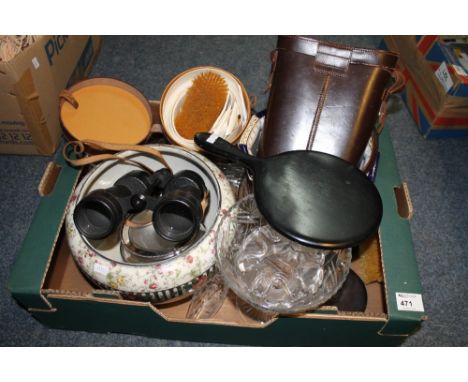 Tray of assorted items to include vintage leather collar box containing various collars, Ross London binoculars in fitted cas