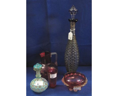 Cranberry glass baluster shaped jug, similar beaker and open sucrier, a 19th Century Bohemian overlay glass baluster shaped s