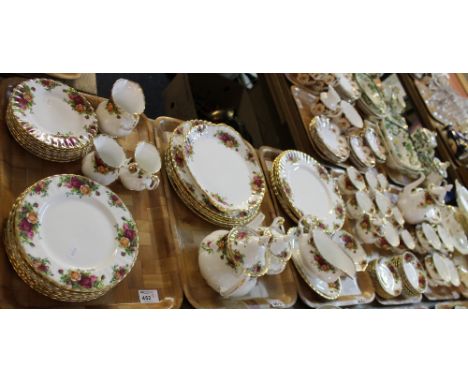 Five trays of Royal Albert old country roses bone china teaware comprising teapots, cups, saucers, two handled bowls, plates,