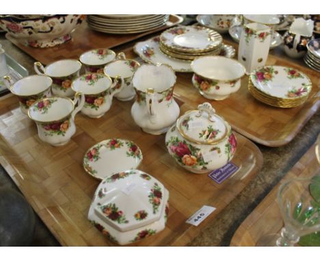 Two trays of Royal Albert old country roses fine bone china items to include teacups and saucers, milk jug, sucrier, trinket 