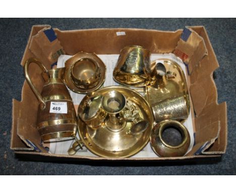 Box of assorted brassware to include chamber stick, oak and brass banded jug, jar and cover, goblet, baluster vase etc. 