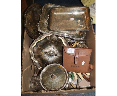 Box of assorted metalware to include entree dishes, butter dish and cover, pierced bon-bon dish with swing handle, loose plat