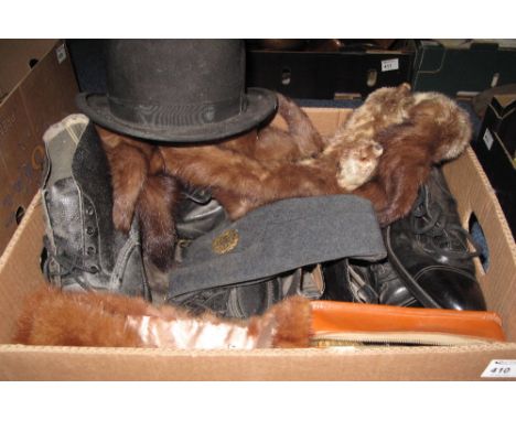 Box of assorted items to include vintage bowler hat, fur stole, vintage boots etc. 