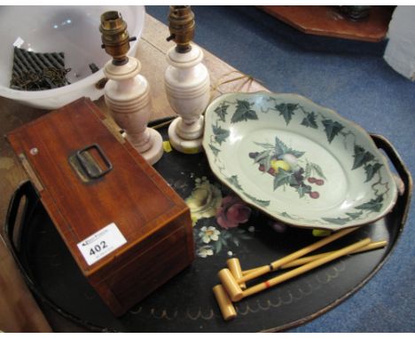 19th Century mahogany two section tea caddy together with pair of marble table lamps, together with two handled lacquered and