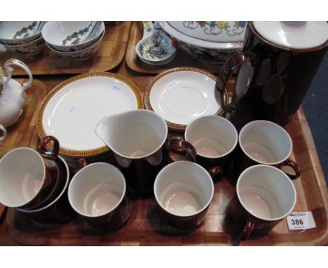 Tray of Poole pottery brown glazed coffee set comprising coffee mugs and saucers, coffee pot, sucrier, milk jug and sandwich 