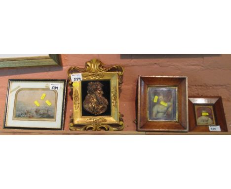 Carved and gilded wooden portrait bust within gilded carved wood frame together with 19th Century portrait study within a map