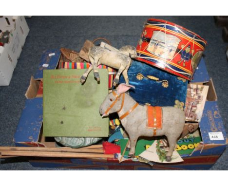 Box of assorted items to include model horses on wooden plinth with wheels etc. Vintage toy drum, wicker basket in the form o