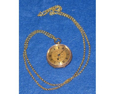 18ct gold outer cased, foliate decorated fob watch with engine turned face on gold plated chain.