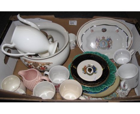 Tray of assorted china to include commemorative mugs, floral chamber pot, Wedgewood coffee pot, collectors plates, Clarice Cl