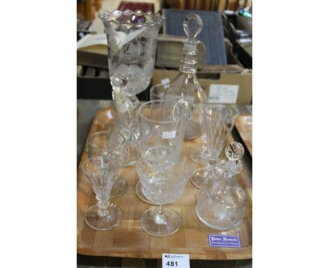 Tray of assorted glass ware to include mallet shaped decanter, various 19th Century conical glasses, rummer, celery vase with