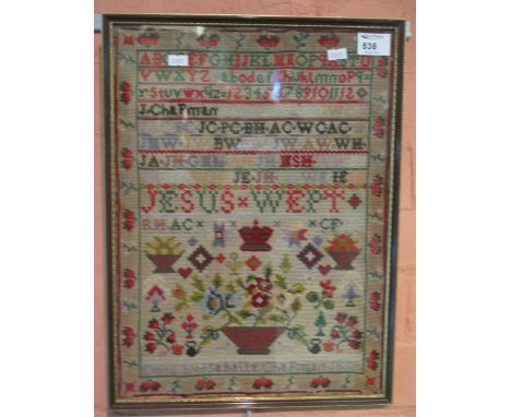 Framed tapestry sampler done by Isabella Chapman, 1866.  Hogarth frame.