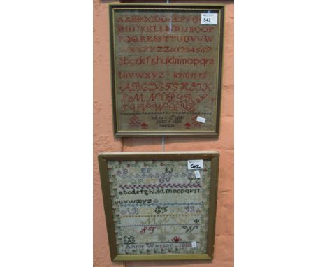 Two small framed tapestry samplers dated: 1828 & 1885. (2)