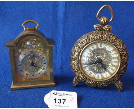 Small brass Swiss made boudoir alarm clock in 18th Century style together with another Rococo style alarm clock. (2)