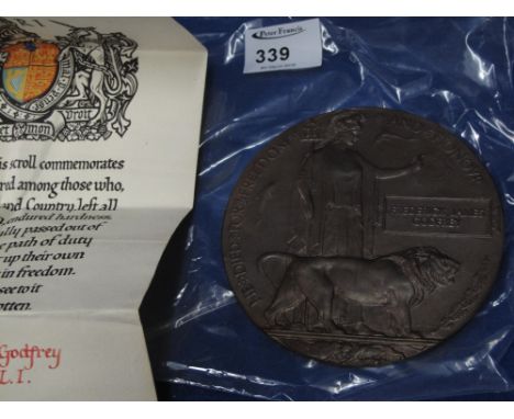First World War bronze death penny, Private Fredrick James Godfrey, Oxford and Bucks Light Infantry, together with presentati