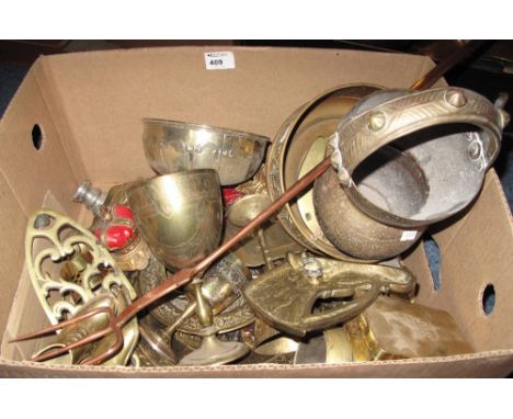 Box of assorted metalware to include large copper poker fork. glass pedestal bowl decorated with classical figures, goblet, v