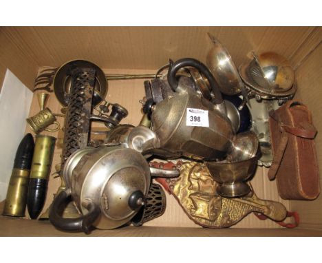 Box of assorted metalware to include brass candlesticks, silver plated pedestal bon-bon dish, plated tea service, cake basket