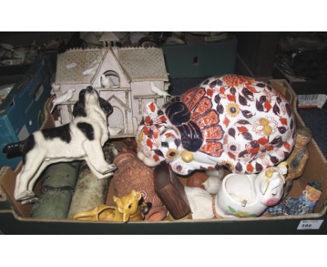 Tray of assorted mainly china to include large modern Oriental Imari design recumbent cat, continental figures, Wade Natwest 